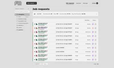 The FirmwareCI dashboard: job requests with success rates and per-branch test history.